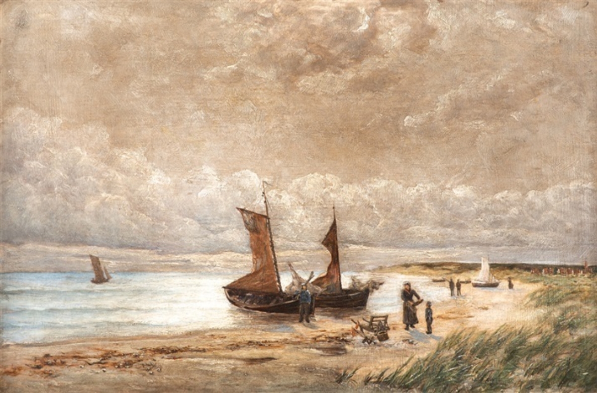 fw_1890uNetzboote am Boddenstrand_Oel_auf_Holz_39,5x58,5