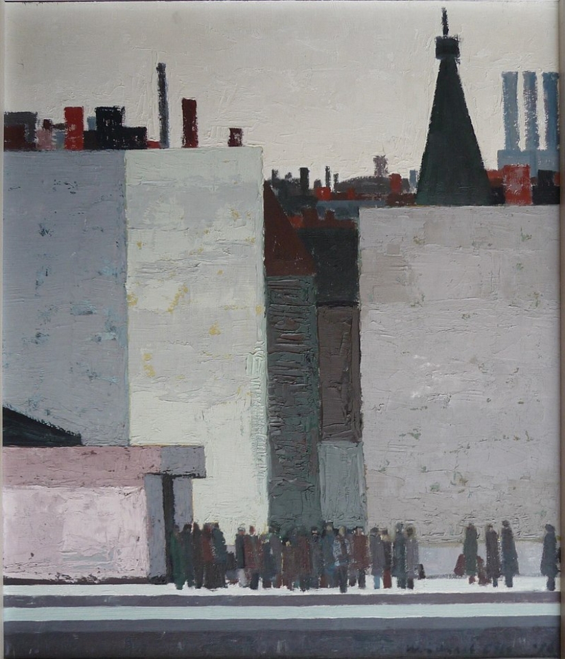 mo_1986-88_Stadtautobahnstation_mit_vielen_Wartenden_Oel_auf_Hartfaser_51,5x43,5cm